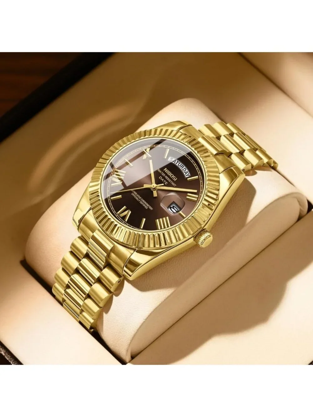 Luxury Men's Analog Quartz Watch - Rose Gold Stainless Steel, Waterproof, Brown